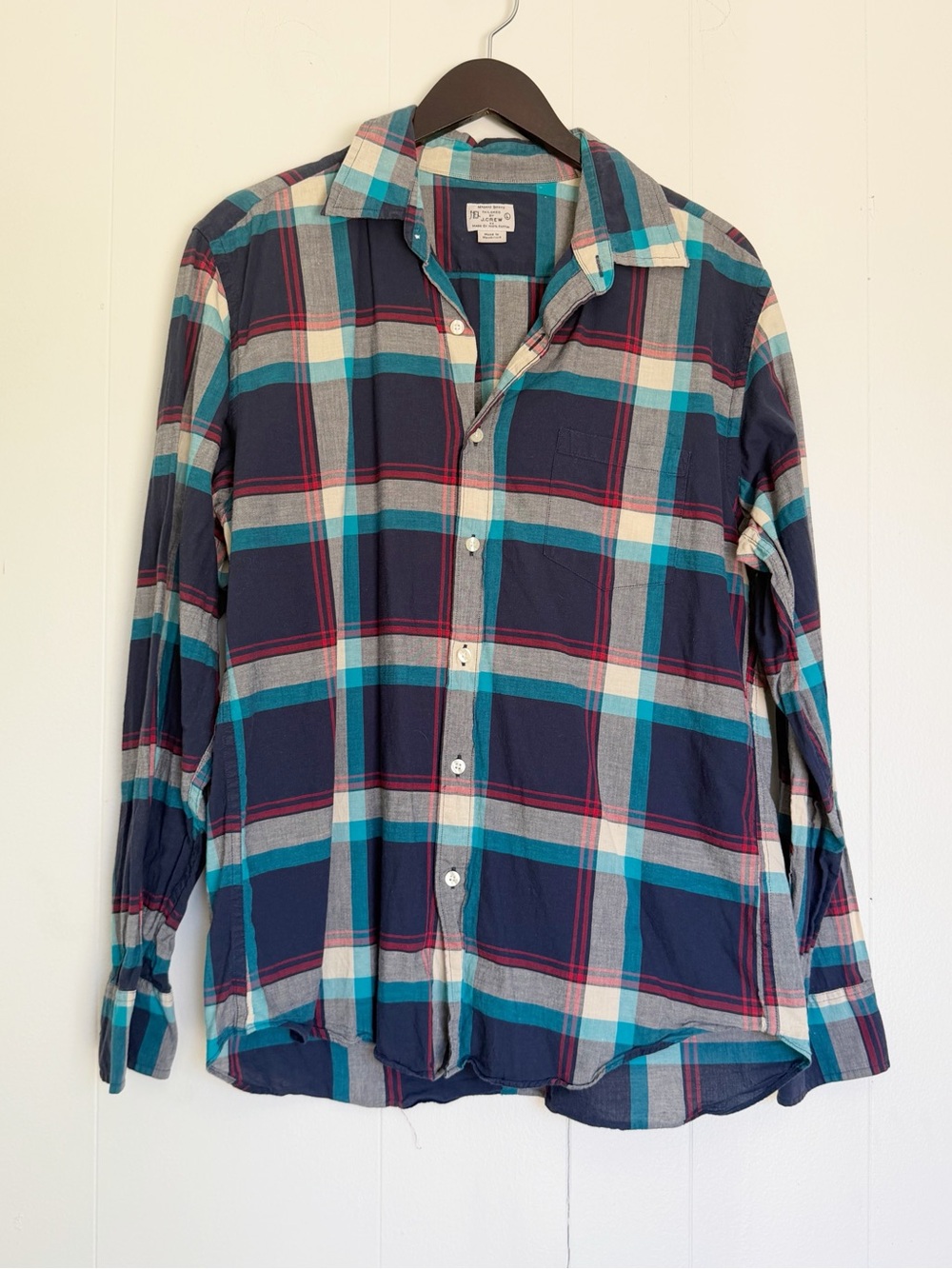 J. CREW Navy Teal Red Plaid Cotton Button-Down Shirt Large